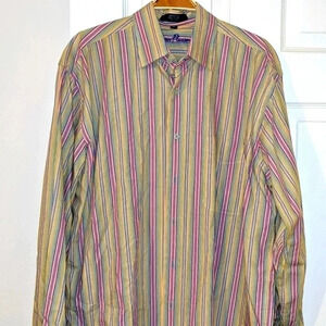 Alan‎ Flusser Mens M Rainbow Purple Stripe Cotton Long Sleeve Button Down Shirt